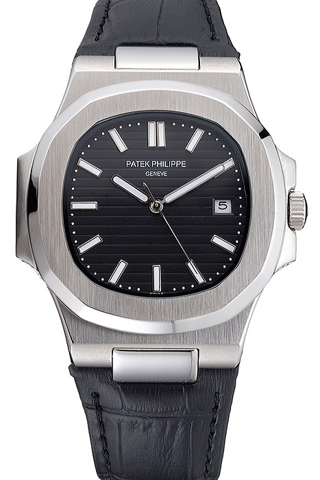 Patek Philippe Nautilus Black Dial Brushed Stainless Steel Case Black Leather Strap