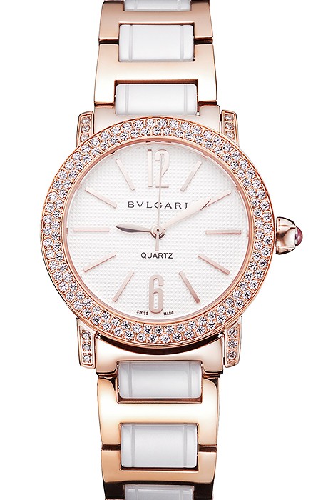 Bvlgari Bvlgari White Embossed Dial Gold Case Diamond Bezel Two Tone Bracelet
