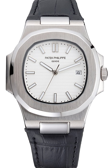 Patek Philippe Nautilus White Dial Brushed Stainless Steel Case Black Leather Strap