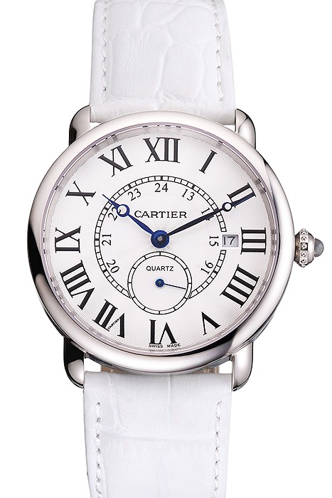 Cartier Ronde Louis Cartier White Dial Stainless Steel Case White Leather Strap