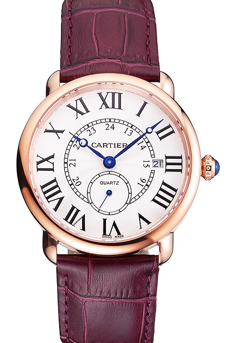 Cartier Ronde Louis Cartier White Dial Gold Case Purple Leather Strap