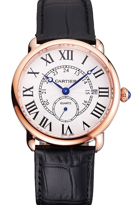 Cartier Ronde Louis Cartier White Dial Gold Case Black Leather Strap