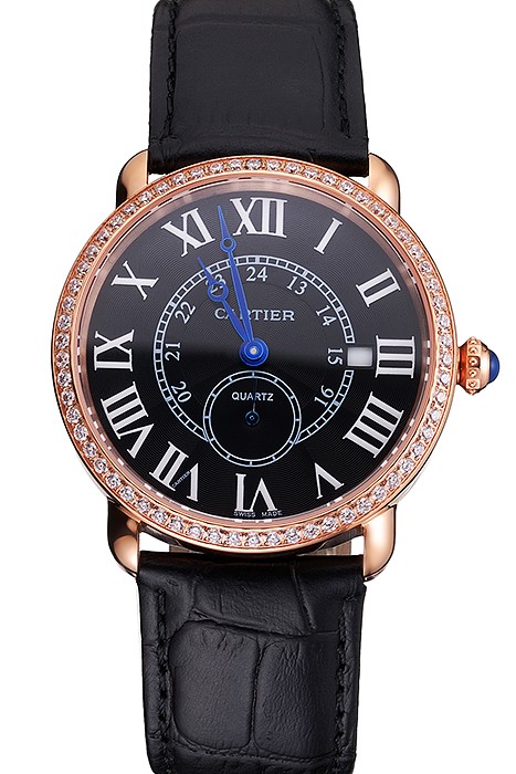 Cartier Ronde Louis Cartier Black Dial Gold Case Diamond Bezel Black Leather Strap