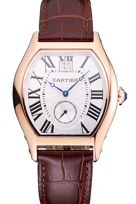 Cartier Tortue Large Date White Dial Gold Case Brown Leather Strap