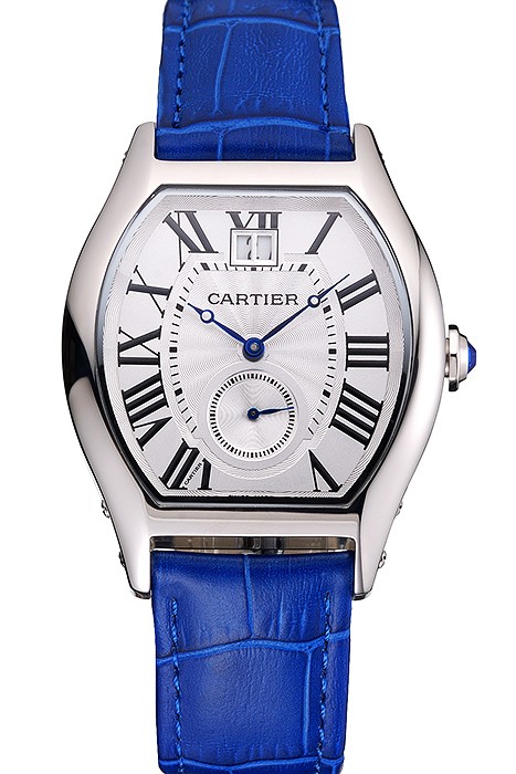 Cartier Tortue Large Date White Dial Stainless Steel Case Blue Leather Strap