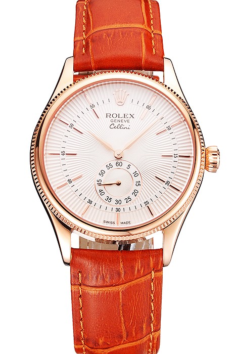 Swiss Rolex Cellini White Dial Rose Gold Case Light Brown Leather Strap