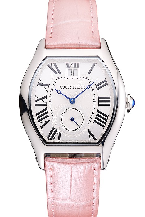 Cartier Tortue Large Date White Dial Stainless Steel Case Pink Leather Strap