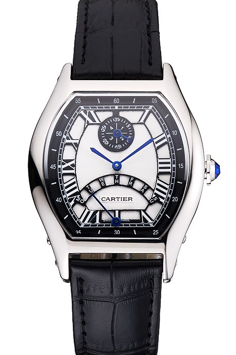 Cartier Tortue Perpetual Calendar White Dial Stainless Steel Case Black Leather Strap