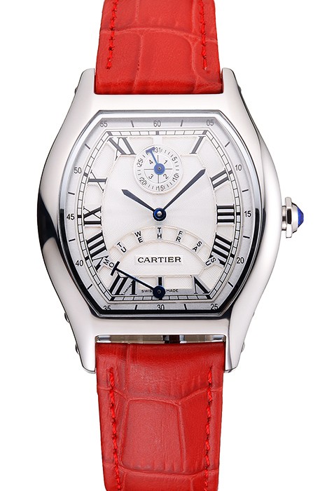 Cartier Tortue Perpetual Calendar White Dial Stainless Steel Case Red Leather Strap