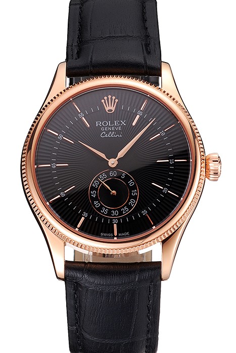 Swiss Rolex Cellini Black Dial Rose Gold Case Black Leather Strap