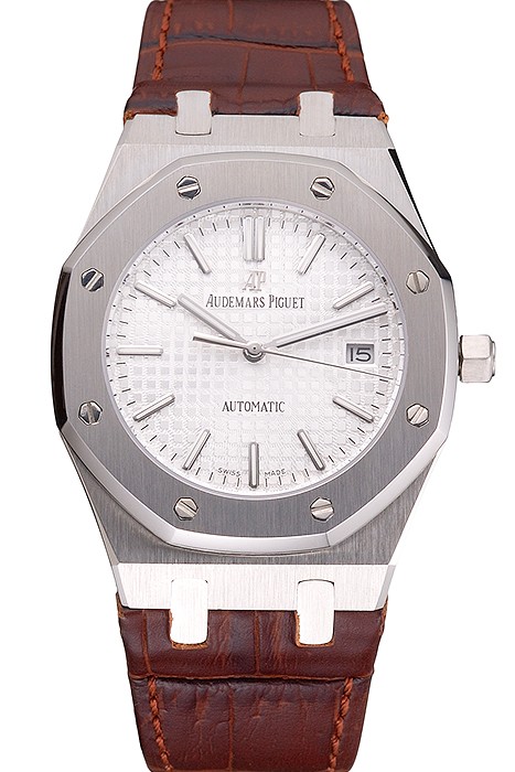Swiss Audemars Piguet Royal Oak White Dial Stainless Steel Case Brown Leather Strap