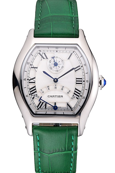 Cartier Tortue Perpetual Calendar White Dial Stainless Steel Case Green Leather Strap