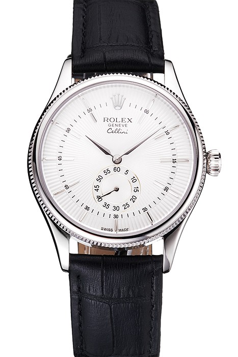 Swiss Rolex Cellini White Dial Stainless Steel Case Black Leather Strap