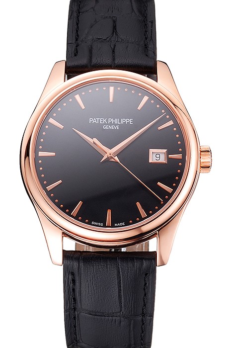 Swiss Patek Philippe Calatrava Black Dial Rose Gold Case Black Leather Strap