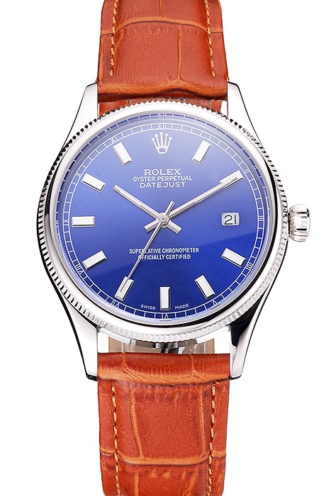 Swiss Rolex Datejust Blue Dial Stainless Steel Case Light Brown Leather Strap