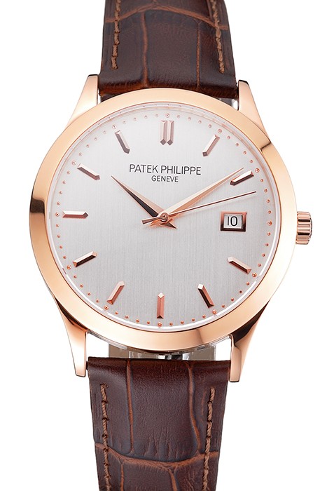 Swiss Patek Philippe Calatrava White Dial Rose Gold Case Brown Leather Strap