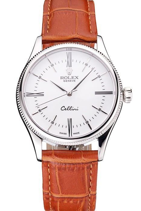 Swiss Rolex Cellini White Dial Roman Numerals Stainless Steel Case Light Brown Leather Strap