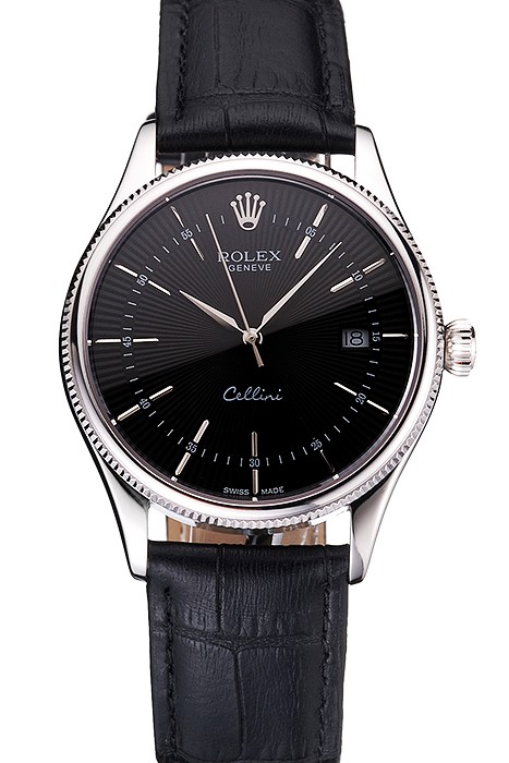 Swiss Rolex Cellini Date Black Dial Stainless Steel Case Black Leather Strap