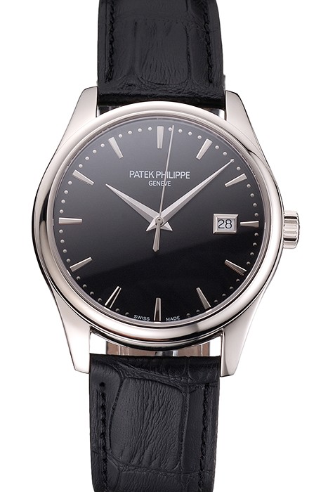 Swiss Patek Philippe Calatrava Black Dial Stainless Steel Case Black Leather Strap