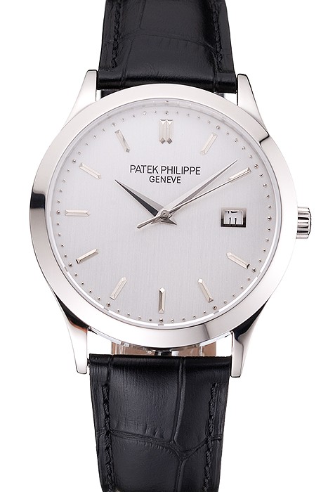Swiss Patek Philippe Calatrava Silver Dial Stainless Steel Case Black Leather Strap