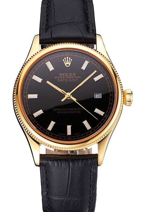 Swiss Rolex Datejust Black Dial Gold Case Black Leather Strap
