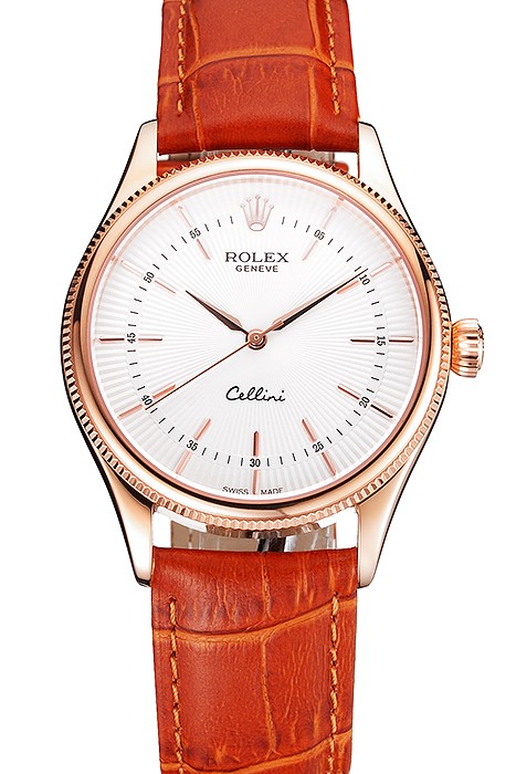 Swiss Rolex Cellini White Dial Rose Gold Case Brown Leather Strap