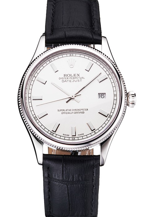 Swiss Rolex Datejust White Dial Stainless Steel Case Black Leather Strap