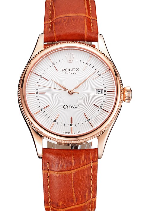 Swiss Rolex Cellini Date White Dial Rose Gold Case Brown Leather Strap