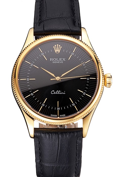 Swiss Rolex Cellini Black Dial Gold Markings Gold Case Black Leather Strap