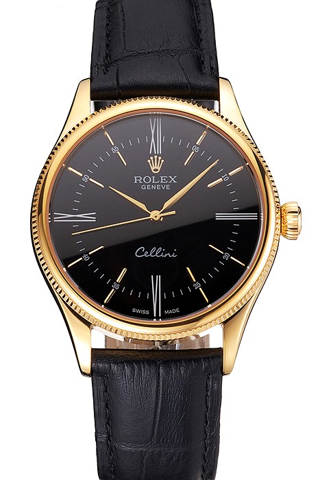 Swiss Rolex Cellini Black Dial Roman Numerals Gold Case Black Leather Strap