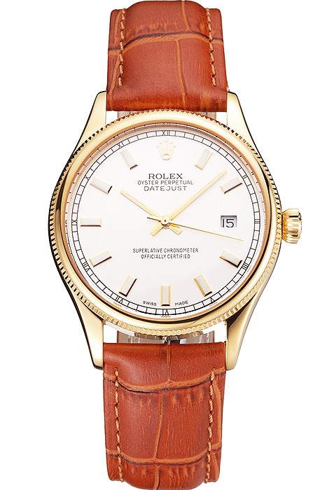 Swiss Rolex Datejust White Dial Gold Case Light Brown Leather Strap
