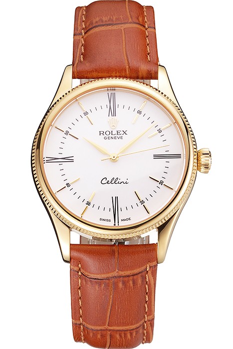 Swiss Rolex Cellini White Dial Roman Numerals Gold Case Light Brown Leather Strap