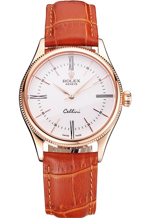 Swiss Rolex Cellini White Dial Roman Numerals Rose Gold Case Light Brown Leather Strap