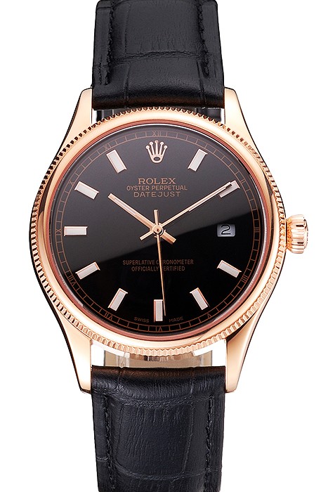 Swiss Rolex Datejust Black Dial Rose Gold Case Black Leather Strap