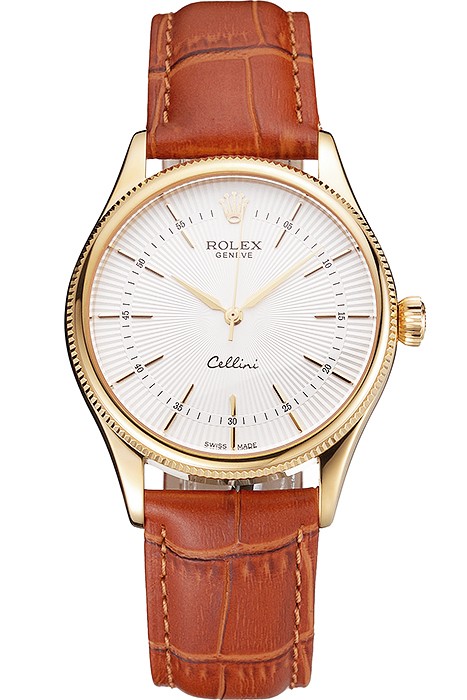 Swiss Rolex Cellini White Guilloche Dial Gold Case Light Brown Leather Strap