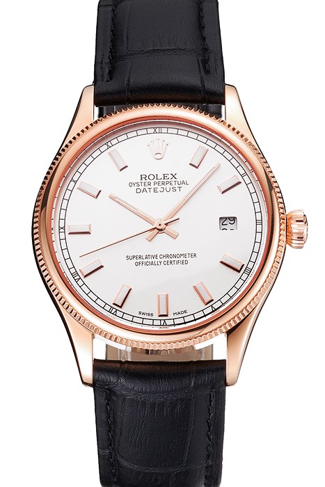 Swiss Rolex Datejust White Dial Rose Gold Case Black Leather Strap