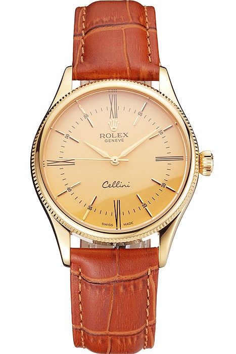Swiss Rolex Cellini Gold Dial Roman Numerals Gold Case Light Brown Leather Strap