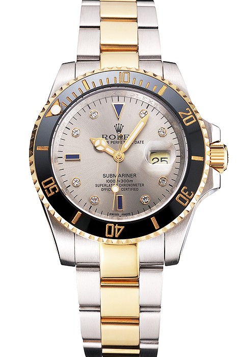 Swiss Rolex Submariner Silver Dial Diamond Markings Black Bezel Two Tone Steel Gold Bracelet