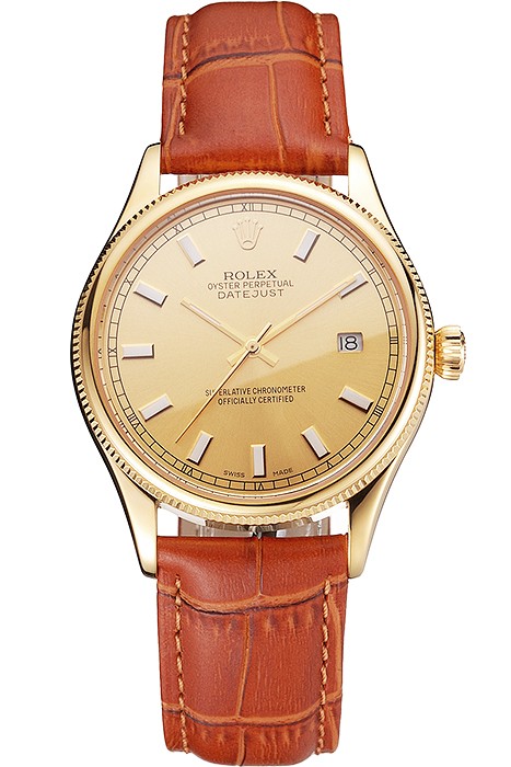 Swiss Rolex Datejust Gold Dial Gold Case Light Brown Leather Strap