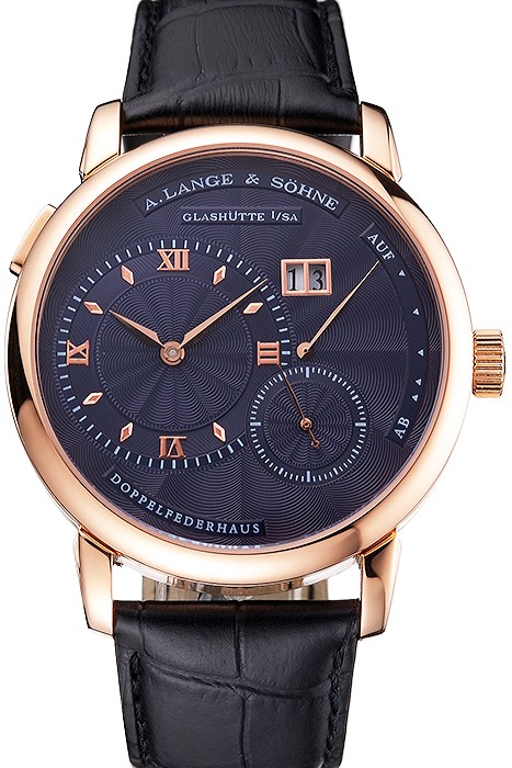 A. Lange & Sohne Lange 1 Blue Dial Rose Gold Case Black Leather Strap