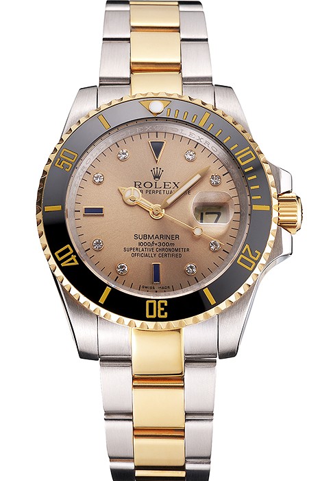 Swiss Rolex Submariner Gold Dial Diamond Markings Black Bezel Two Tone Steel Gold Bracelet