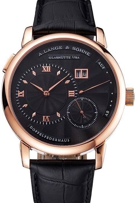 A. Lange & Sohne Lange 1 Black Dial Rose Gold Case Black Leather Strap