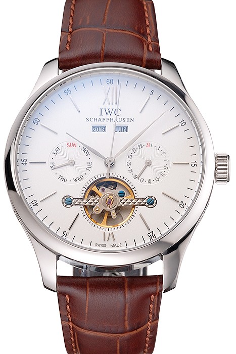 IWC Portofino Tourbillon White Dial Stainless Steel Case Brown Leather Strap