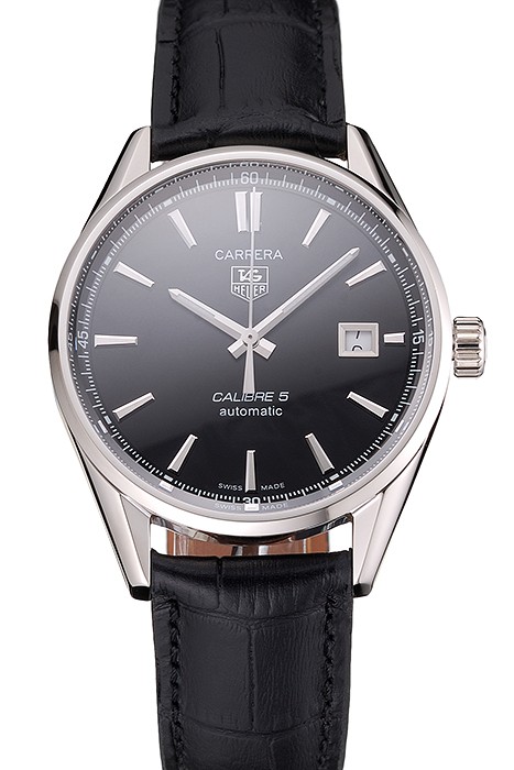 Swiss Tag Heuer Carrera Calibre 5 Black Dial Stainless Steel Case Black Leather Strap
