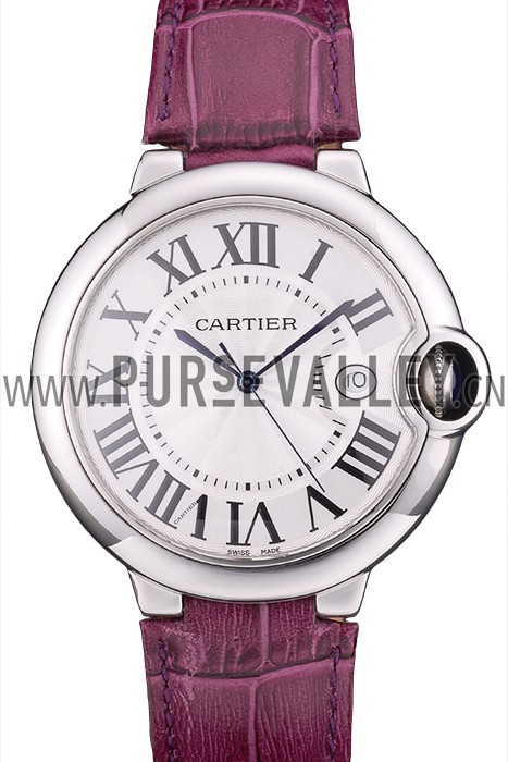 Cartier Ballon Bleu 42mm White Dial Stainless Steel Case Purple Leather Bracelet