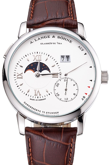 A. Lange & Sohne Grand Lange 1 Moon Phase White Dial Stainless Steel Case Brown Leather Strap