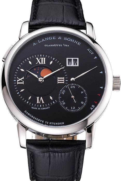 A. Lange & Sohne Grand Lange 1 Moon Phase Black Dial Stainless Steel Case Black Leather Strap