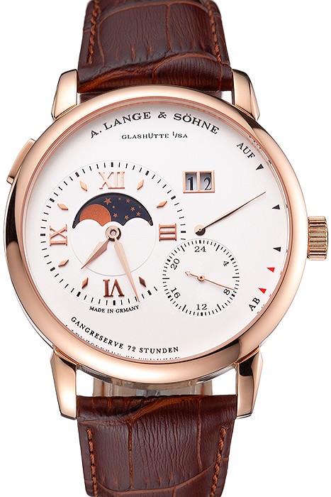 A. Lange & Sohne Grand Lange 1 Moon Phase White Dial Rose Gold Case Brown Leather Strap