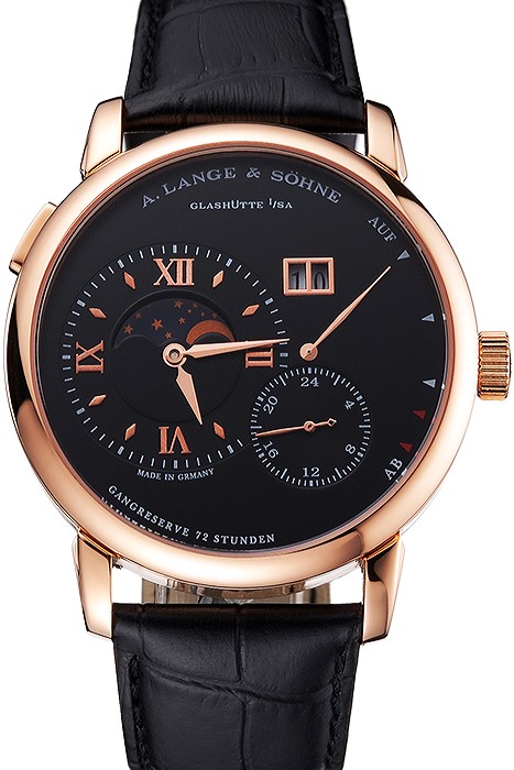 A. Lange & Sohne Grand Lange 1 Moon Phase Black Dial Rose Gold Case Black Leather Strap
