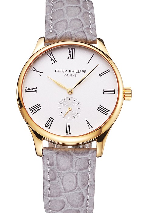 Patek Philippe Calatrava White Dial Gold Case Gray Leather Strap
